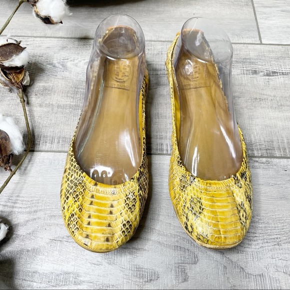 Tory Burch Shoes - Tory Burch Eddie Watersnake Embossed Leather Ballet Flats Yellow Black Size 9M